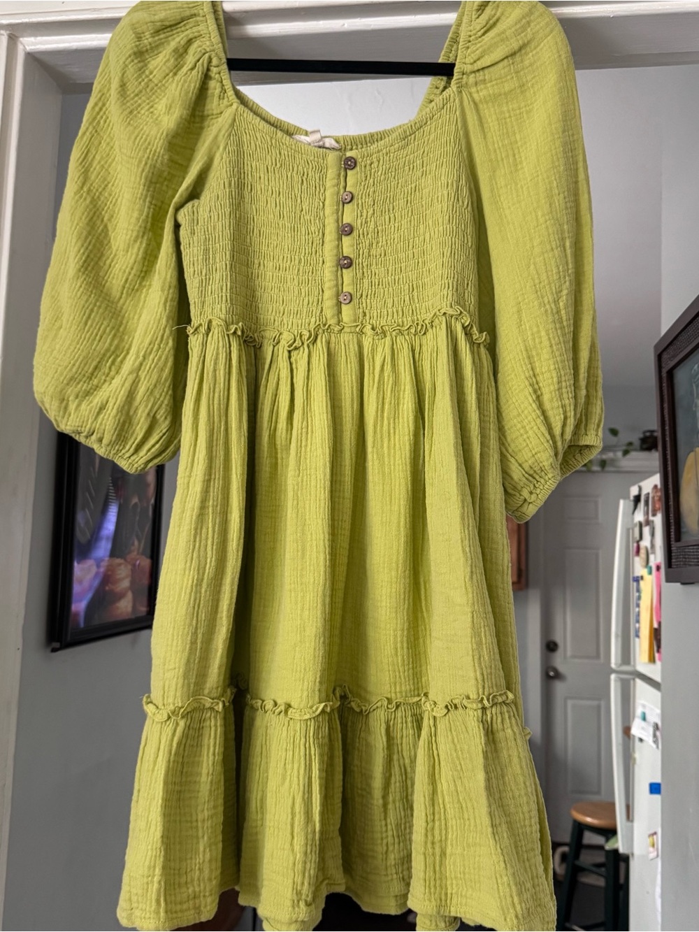 Easel lime green Ruffle peasant Tiered Cotton Gauze Dress puff 3/4 sleeve midi